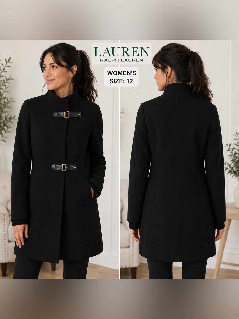 Lauren Ralph Lauren Women’s Black Wool Blend Toggle Coat Size 12 quiet luxury